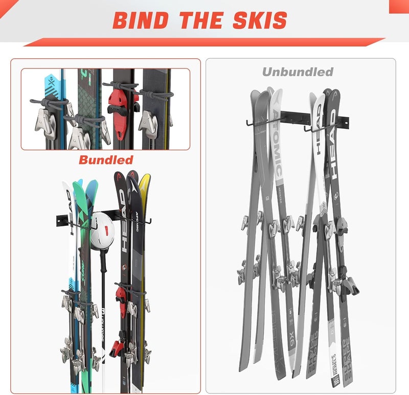 WALMANN Garage Ski Rack, Indoor Ski Hangers for Garage Ski Storage Wall Mounted Ski Holder Holds Up to 8 Pairs of Skis - Image 5